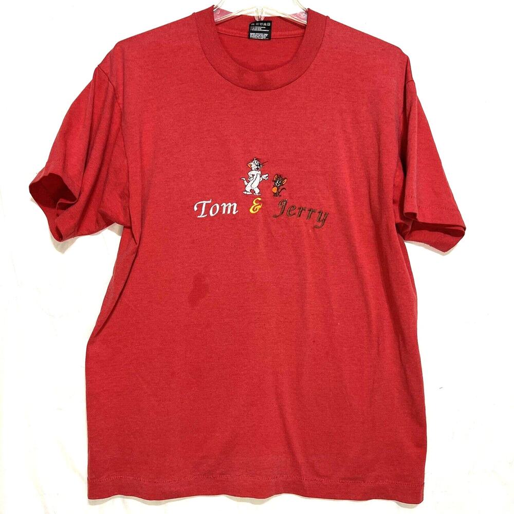 Vintage Tom And Jerry Embroidered Red T-Shirt Size L Fruit Of The Loom Best USA